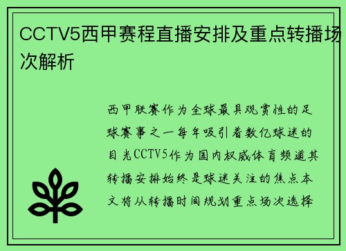 CCTV5西甲赛程直播安排及重点转播场次解析
